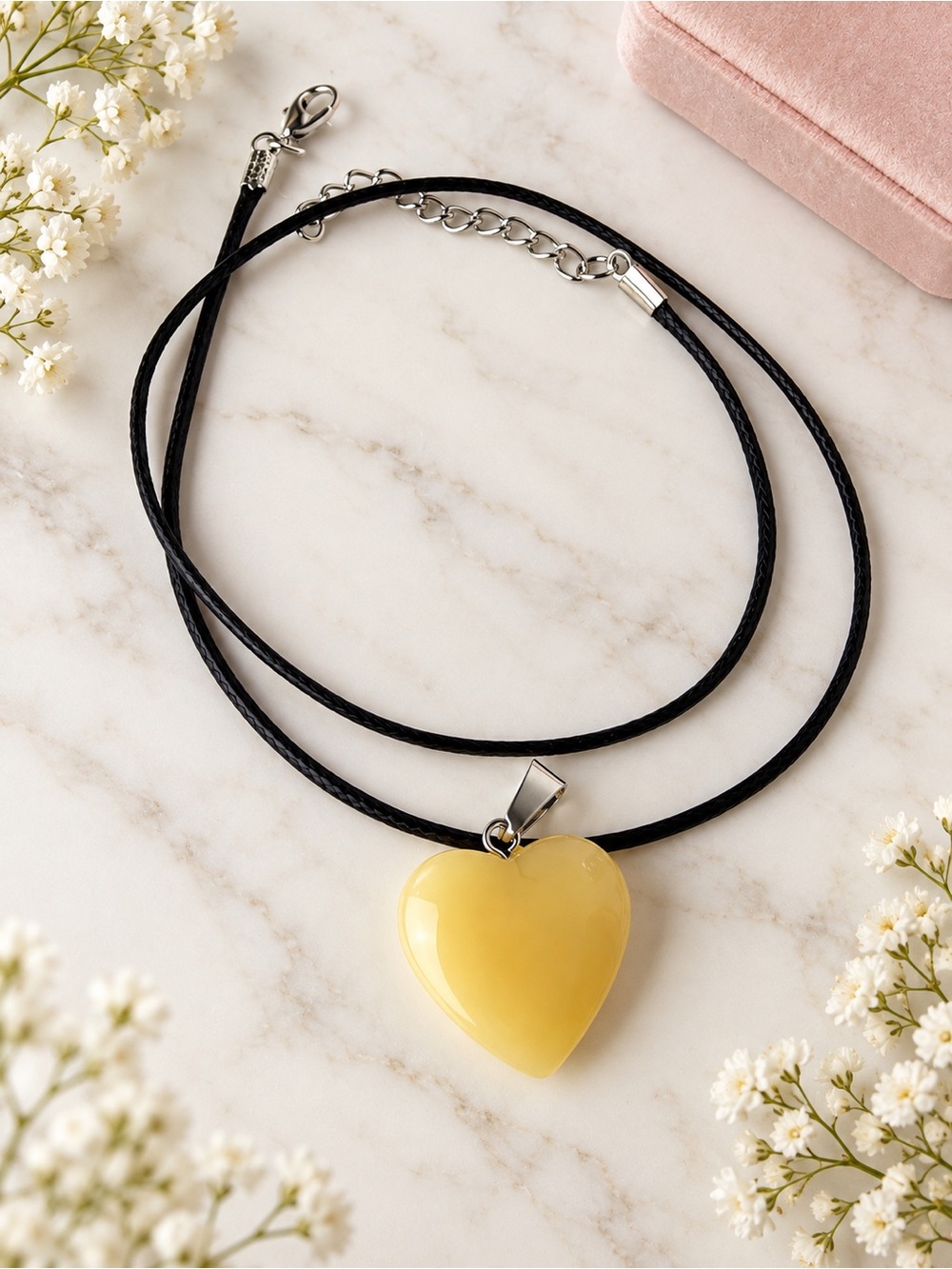 Yellow Heart Pendant Necklace with Black Cord